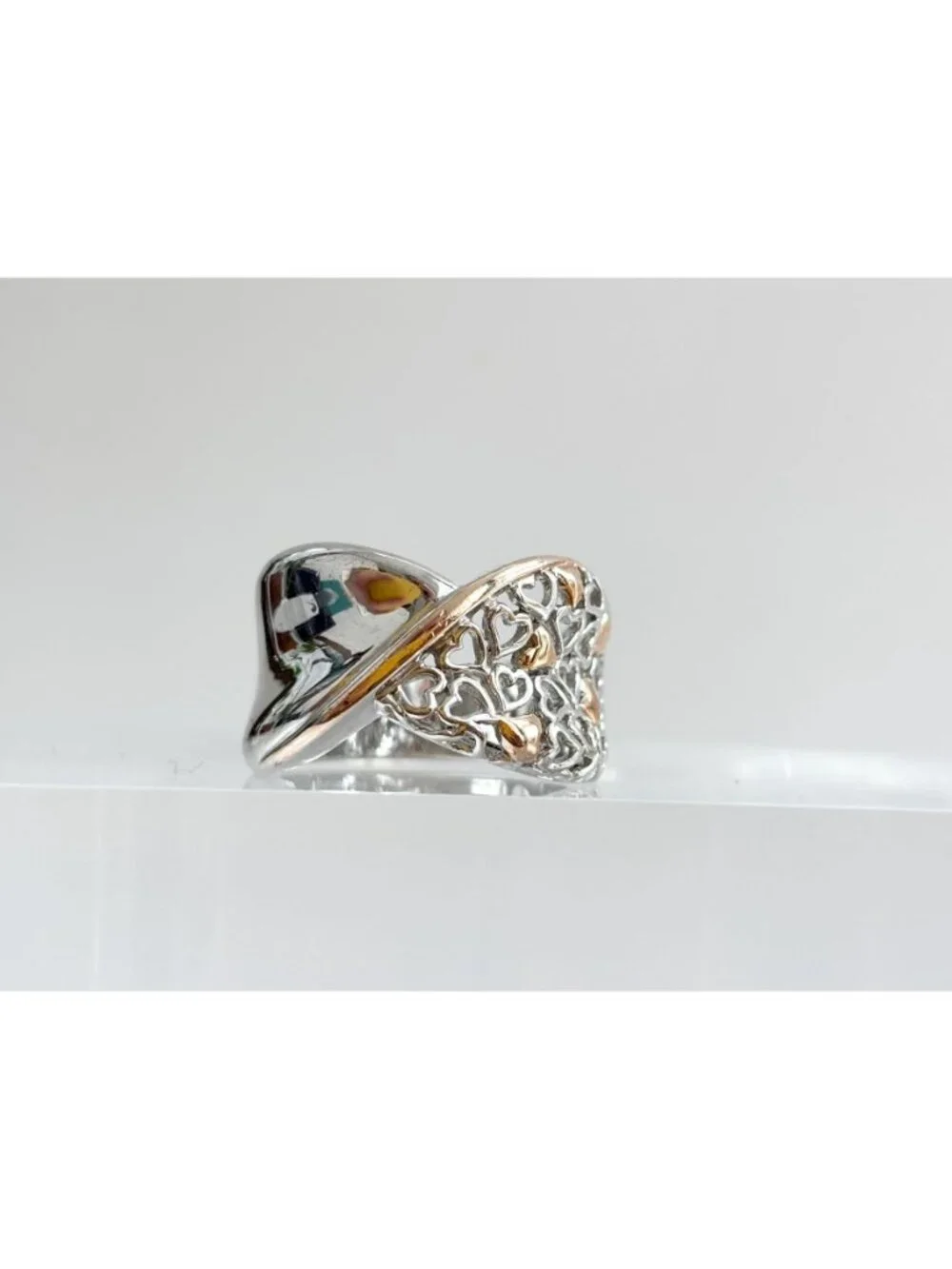 Dual Toned Gold Overlay Heart Crossover Sterling Silver 925 Vintage Ring sz 7.25